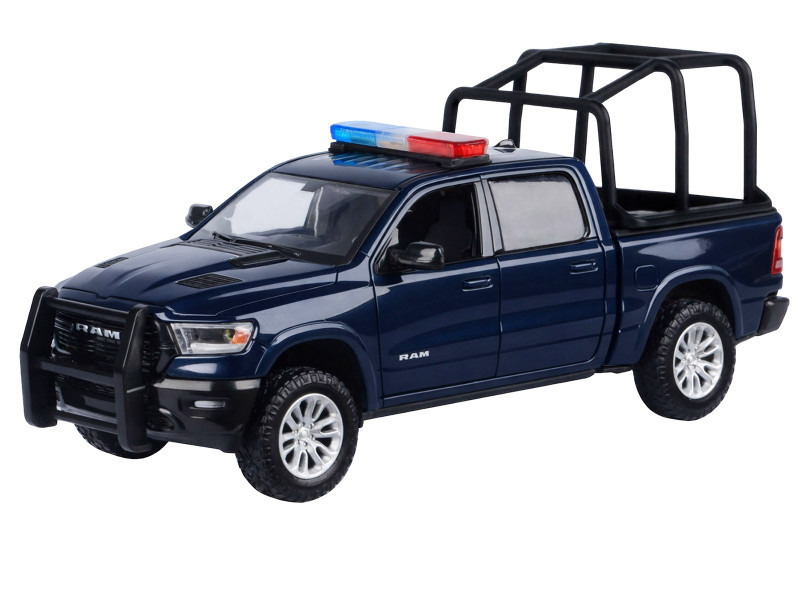 2019 RAM 1500 Laramie Crew Cab Pickup Truck with Bed Cage Dark Blue with Flashing Light Bar and Front and Rear Lights and Sounds 1/27 Diecast Model Car by Motormax