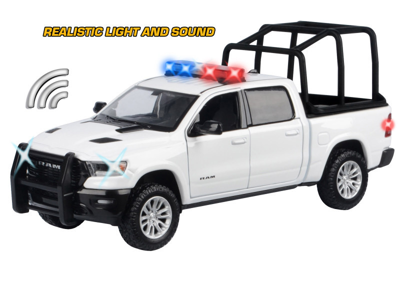 2019 RAM 1500 Laramie Crew Cab Pickup Truck with Bed Cage White with Flashing Light Bar and Front and Rear Lights and Sounds 1/27 Diecast Model Car by Motormax