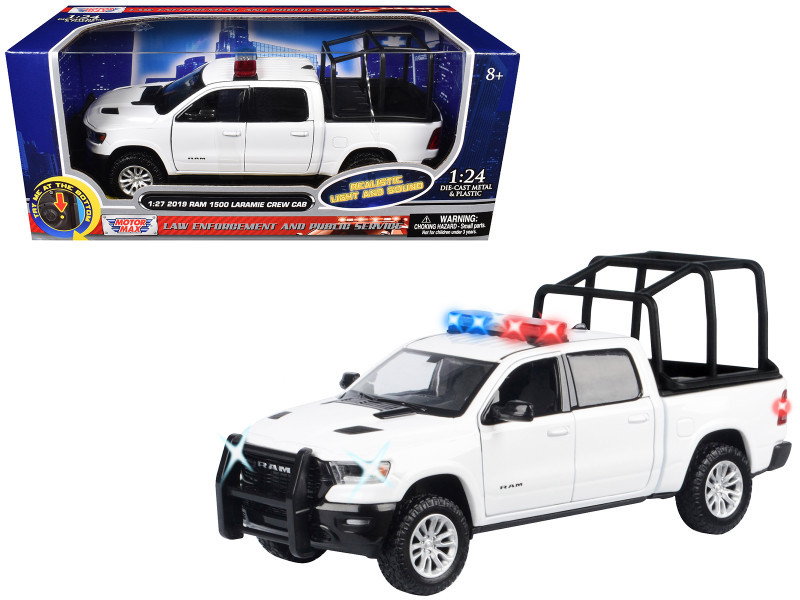 2019 RAM 1500 Laramie Crew Cab Pickup Truck with Bed Cage White with Flashing Light Bar and Front and Rear Lights and Sounds 1/27 Diecast Model Car by Motormax