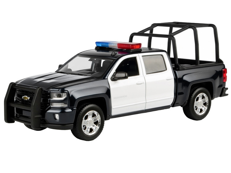 2017 Chevrolet Silverado 1500 LT Z71 Crew Cab Pickup Truck with Bed Cage Black and White with Flashing Light Bar and Front and Rear Lights and Sounds 1/27 Diecast Model Car by Motormax