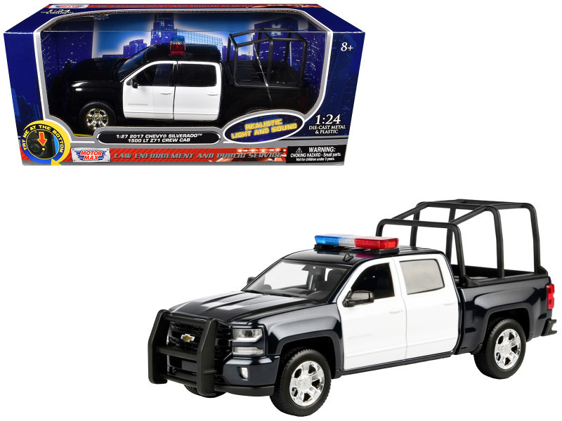2017 Chevrolet Silverado 1500 LT Z71 Crew Cab Pickup Truck with Bed Cage Black and White with Flashing Light Bar and Front and Rear Lights and Sounds 1/27 Diecast Model Car by Motormax