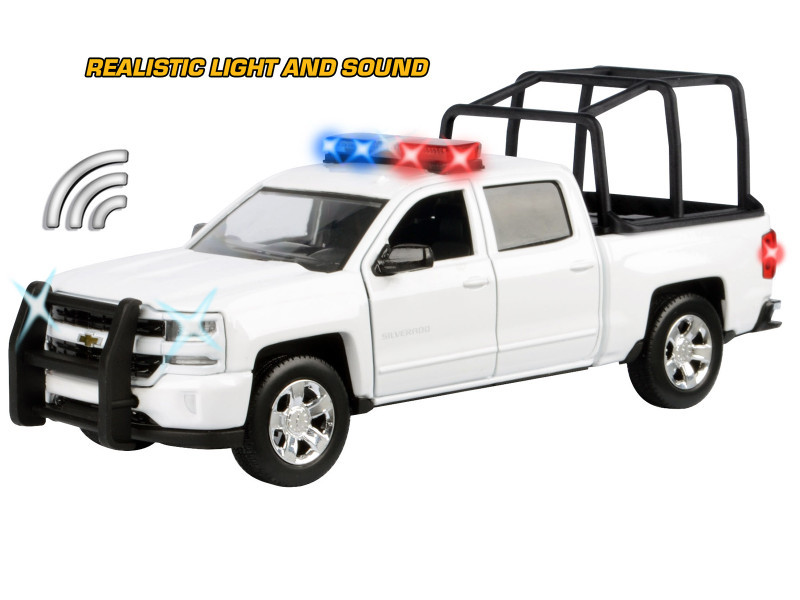 2017 Chevrolet Silverado 1500 LT Z71 Crew Cab Pickup Truck with White with Flashing Light Bar and Front and Rear Lights and Sounds 1/27 Diecast Model Car by Motormax