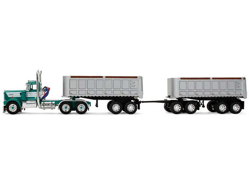 1/64 First Gear Kenworth W900A Day Cab (Turquoise Blue) & 22’ Dual End Dump Trailers Diecast Model