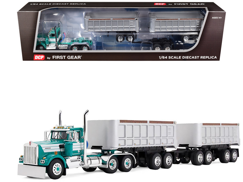 1/64 First Gear Kenworth W900A Day Cab (Turquoise Blue) & 22’ Dual End Dump Trailers Diecast Model