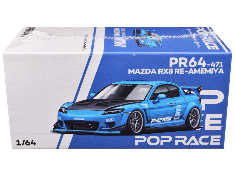 Mazda RX8 RE Amemiya RHD (Right Hand Drive) Light Blue with Carbon Hood "Tokyo Auto Salon 2026" 1/64 Diecast Model Car by Pop Race