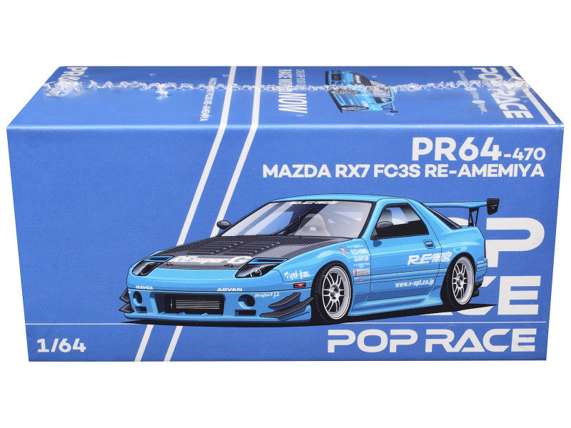 Mazda RX7 (FC3S) RE Amemiya RHD (Right Hand Drive) Light Blue with Carbon Hood "Tokyo Auto Salon 2026" 1/64 Diecast Model Car by Pop Race
