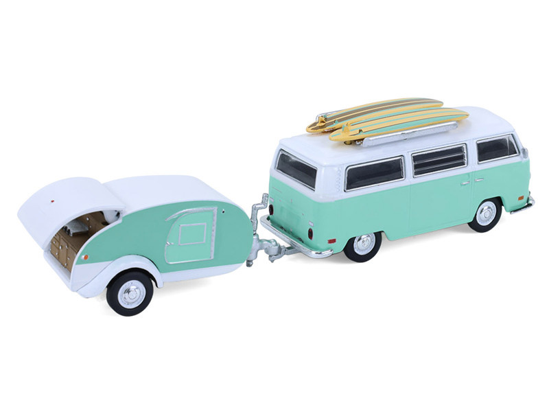 1971 Volkswagen Type 2 Van Seafoam Green and White with Surfboards and Teardrop Trailer "Hitch & Tow" Series 33 1/64 Diecast Model Cars by Greenlight