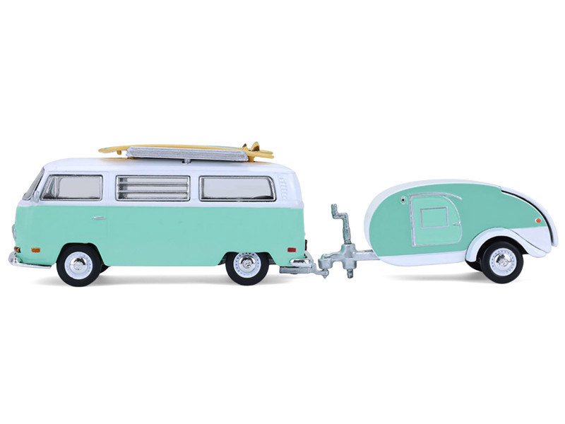 1971 Volkswagen Type 2 Van Seafoam Green and White with Surfboards and Teardrop Trailer "Hitch & Tow" Series 33 1/64 Diecast Model Cars by Greenlight