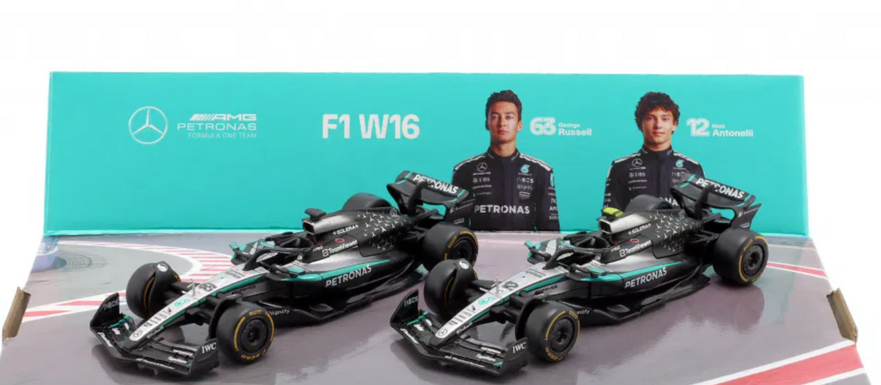1/43 BBurago 2025 Formula 1 2-Car Set Antonelli #12 & Russell #63 Mercedes-AMG W16 Car Models