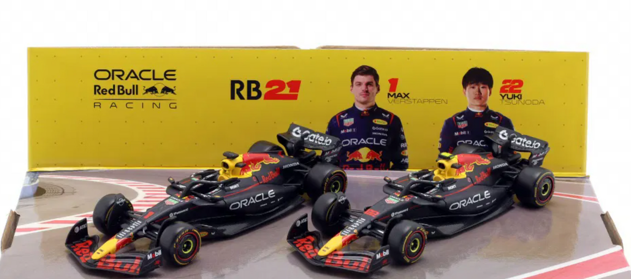 1/43 BBurago 2025 Formula 1 2-Car Set Verstappen #1 & Yuki #22 Red Bull RB21 Car Models