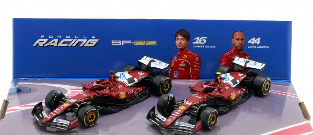 1/43 BBurago 2025 Formula 1 2-Car Set Leclerc #16 & Hamilton #44 Ferrari SF-25 Car Models