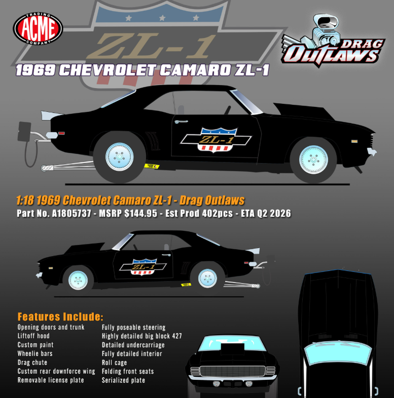 1/18 ACME 1969 Chevrolet Camaro ZL-1 ZL1 Drag Outlaws Diecast Car Model