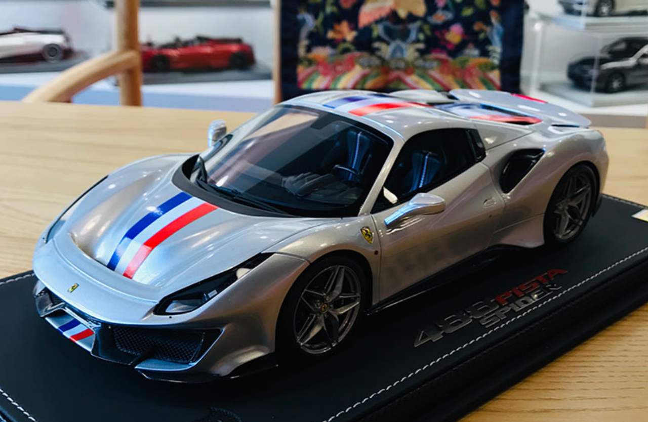 1/18 BBR Ferrari 488 Pista Spider Closed Roof (Grey Argento Nurburg w/ French Flag Stripe) Resin Car Model Limited 24 Pieces