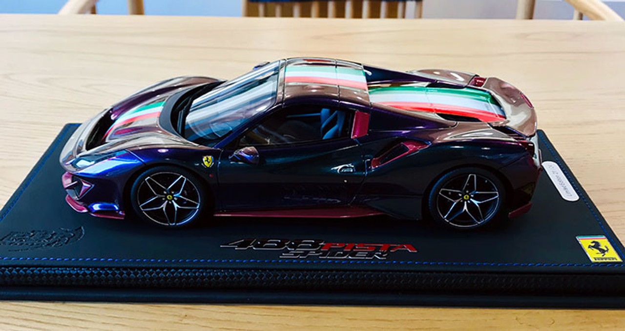 1/18 BBR Ferrari 488 Pista Spider Closed Roof (Purple Holographic w/ Italian Flag Stripe) Resin Car Model Limited 24 Pieces