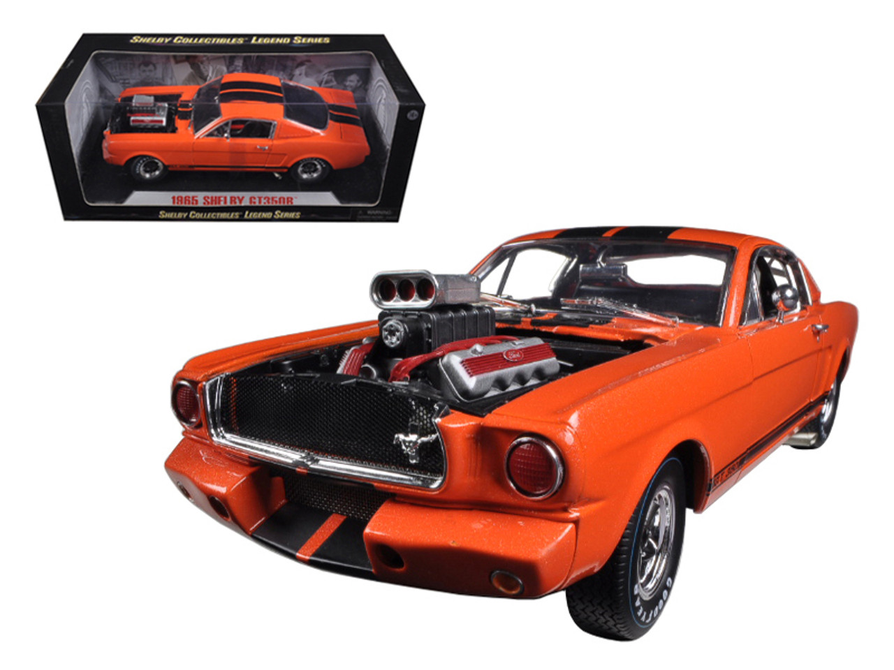 1965 Ford Shelby Mustang GT350R With Racing Engine Orange With Black Stripes 1/18 Diecast Car Model by Shelby Collectibles
