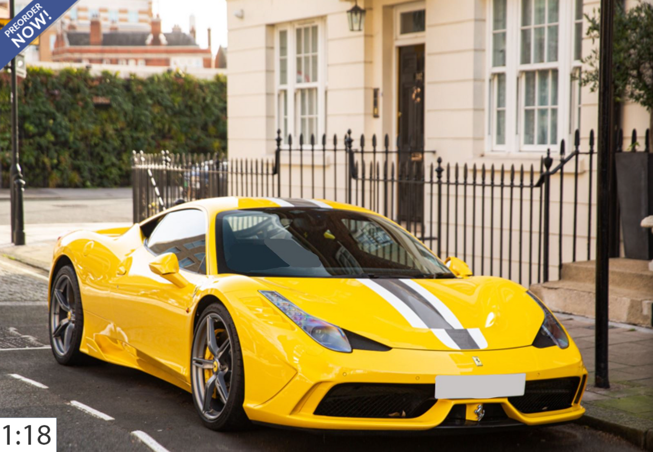 1/18 BBR Ferrari 458 Speciale (Modena Yellow with Grey & White Stripe) Car Model Limited 68 Pieces