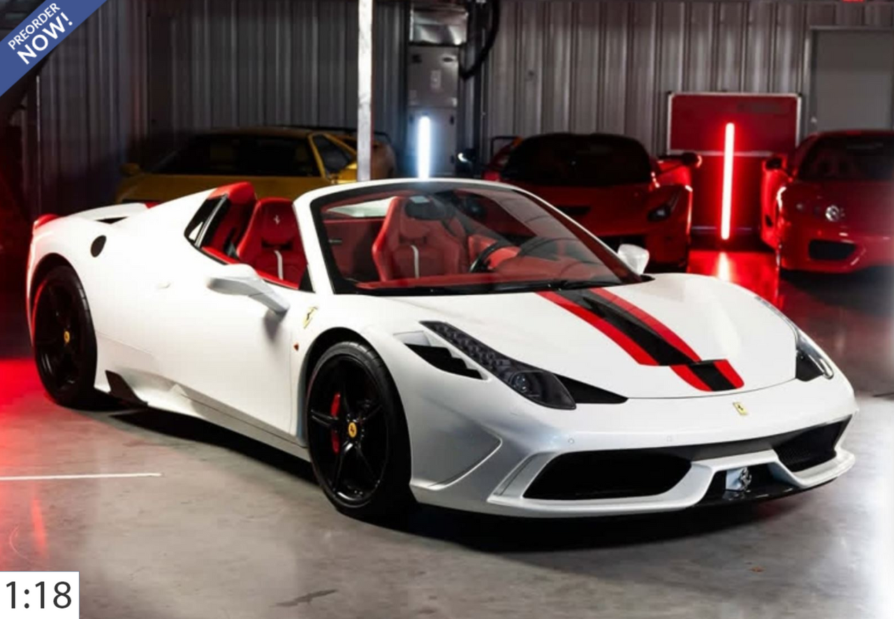 1/18 BBR Ferrari 458 Speciale A Spider (Bianco Italia White with black & Red Stripes) Car Model Limited 48 Pieces