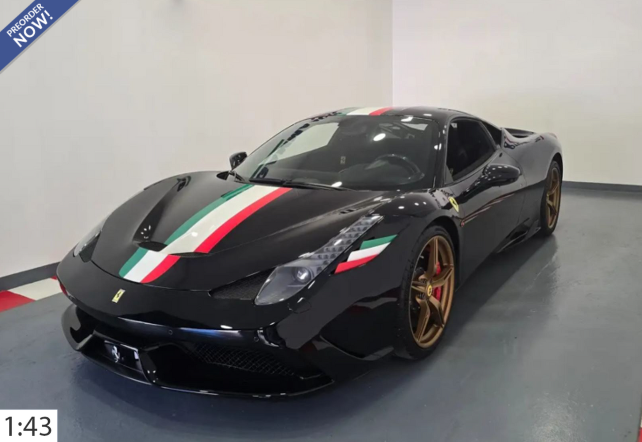 1/43 BBR Ferrari 458 Speciale (Nero DS Black with Italian Flag Stripe) Car Model