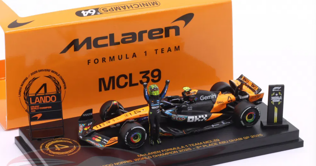 1/64 Minichamps 2025 Formula 1 Lando Norris MCL39 #4 3rd Abu Dhabi GP Formula 1 World Champion 2025 Car Model with Lando Norris Figure & Pitboards