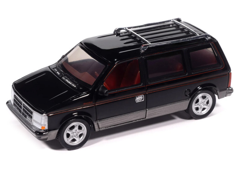 1/64 Auto World 1989 Dodge Caravan Turbo Van (Black with Red Stripes & Interior) "Mighty Minivans" Series Diecast Car Model