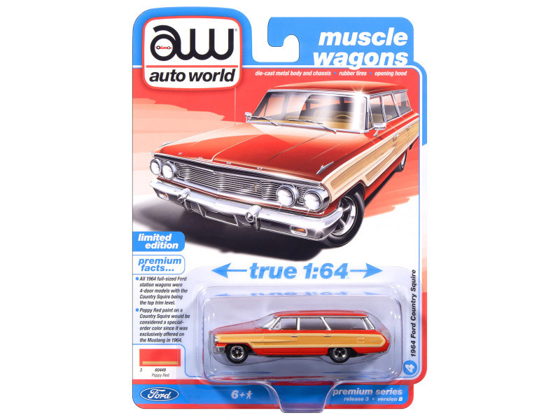 1964 Ford Country Squire Poppy Red with Woodgrain Sides "Muscle Wagons" Series 1/64 Diecast Model Car by Auto World