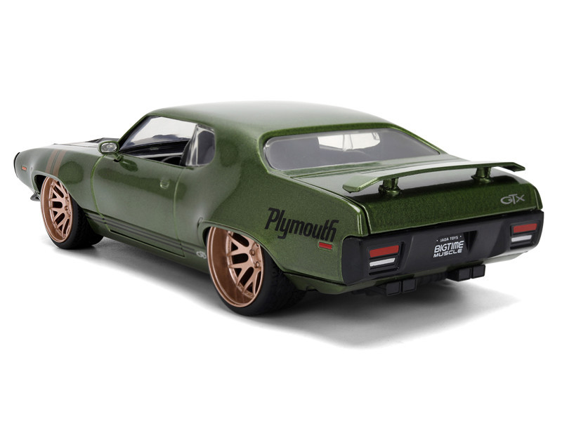 1972 Plymouth GTX Green Metallic with Matt Black Hood and Gold Stripes "Bigtime Muscle" Series 1/24 Diecast Model Car by Jada