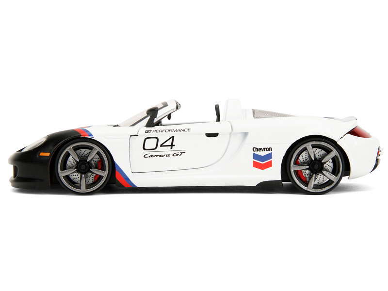 Porsche Carrera GT Convertible #04 "Chevron" White with Graphics "Hyper-Spec" Series 1/24 Diecast Model Car by Jada
