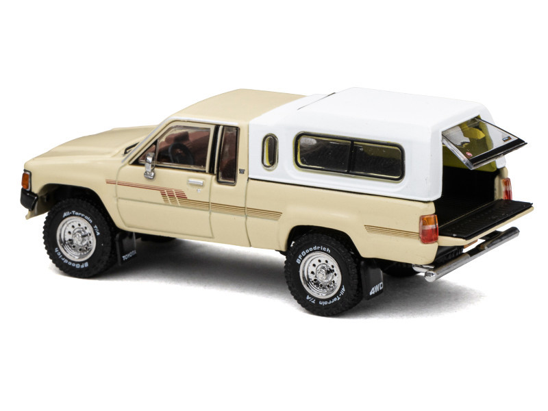 Toyota XtraCab SR5 4x4 Pickup Truck Beige with White Camper Shell "DiecastTalk Exclusive" Limited Edition to 1008 pieces Worldwide 1/64 Diecast Model Car by GCD