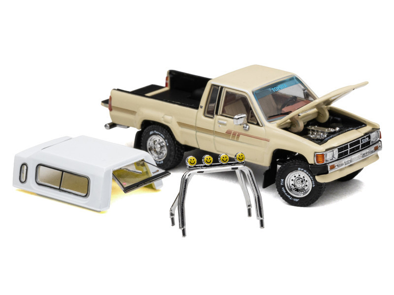 Toyota XtraCab SR5 4x4 Pickup Truck Beige with White Camper Shell "DiecastTalk Exclusive" Limited Edition to 1008 pieces Worldwide 1/64 Diecast Model Car by GCD