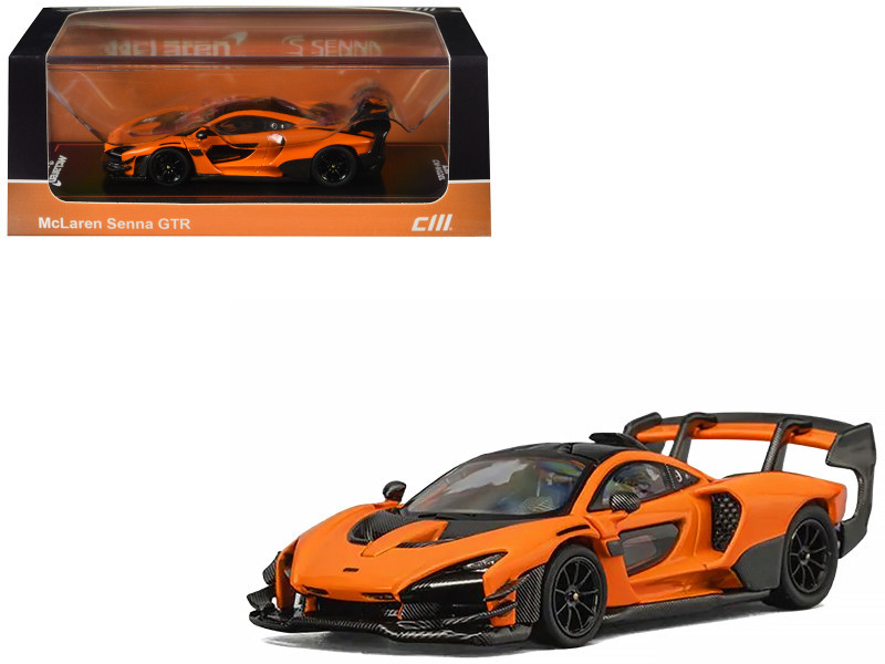 McLaren Senna GTR Orange Metallic with Carbon Hood and Black Top 1/64 Diecast Model Car by CM Model