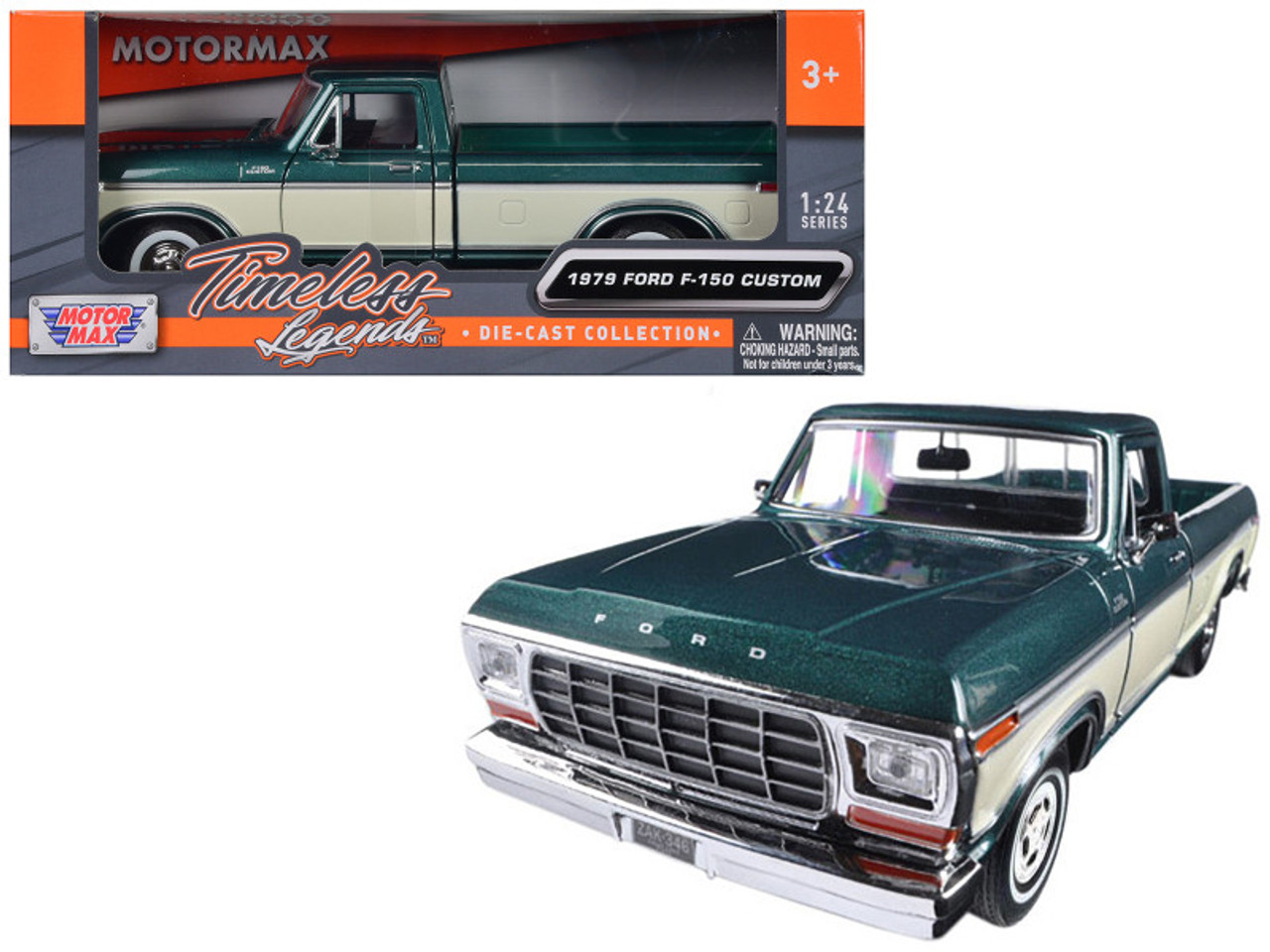 1979 Ford F-150 Pickup Truck Green Metallic and Cream 1/24 Diecast Model Car by Motormax 1979 Ford F-150 Pickup Truck Green Metallic and Cream 1/24 Diecast Model Car by Motormax
