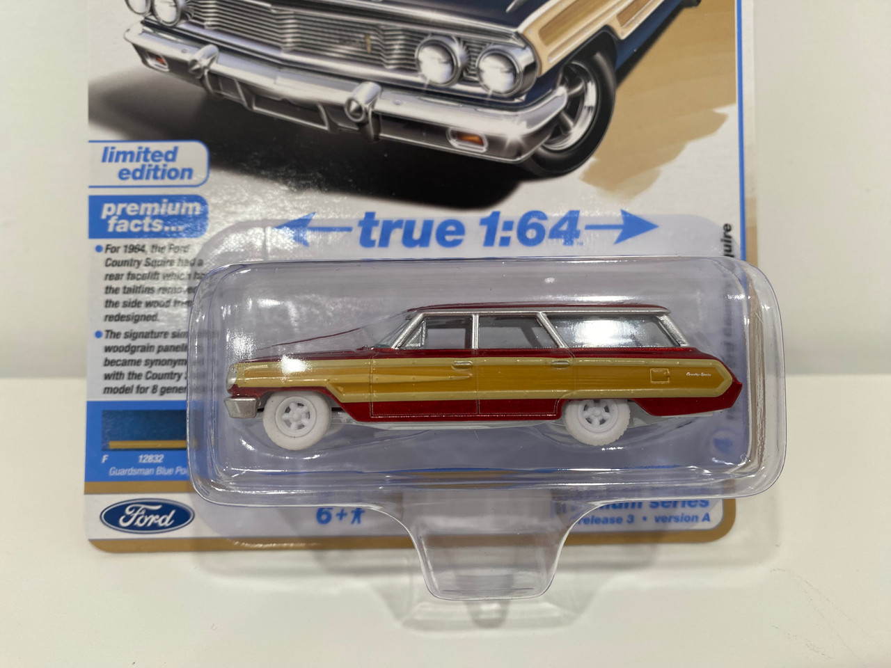 CHASE CAR of 1/64 Auto World 1964 Ford Country Squire (Red Metallic with Woodgrain Sides & White Wheels) "Muscle Wagons" Series Diecast Car Model