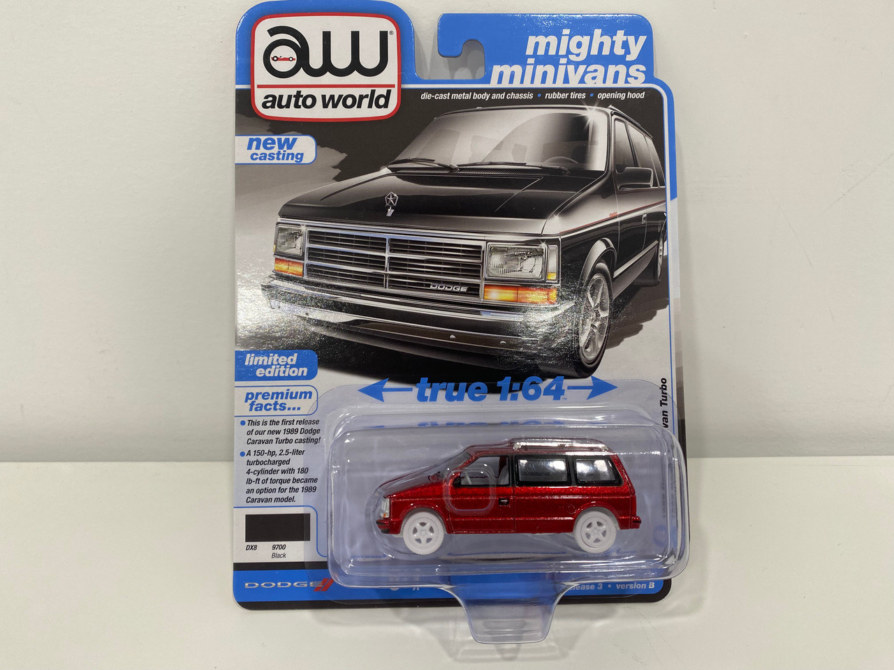 CHASE CAR 1/64 Auto World 1989 Dodge Caravan Turbo Van (Red with White Wheels) "Mighty Minivans" Series Diecast Car Model