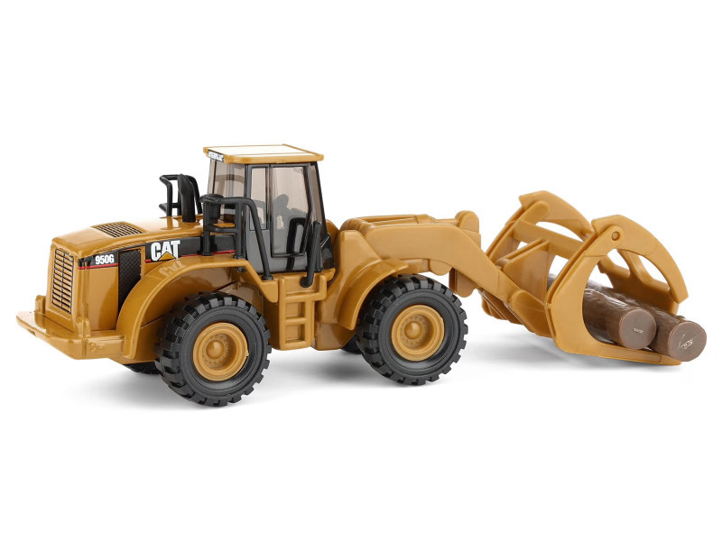 CAT Caterpillar 950G Wheel Loader Yellow with Log Fork and Wood Log Accessories 1/87 (HO) Diecast Model by Diecast Masters