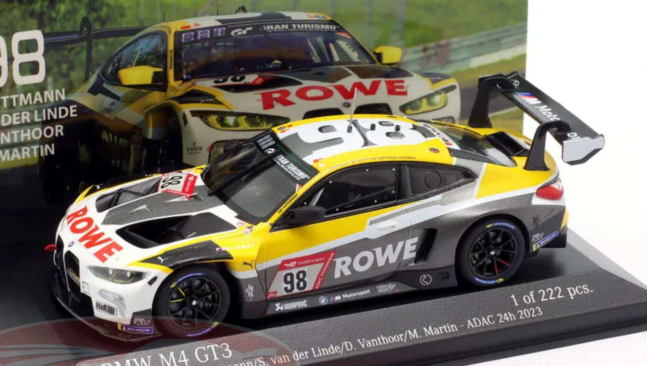 1/43 Minichamps 2023 BMW M4 GT3 #98 2nd 24h Nürburgring Rowe Racing Marco Wittmann, Sheldon van der Linde, Dries Vanthoor, Maxime Martin Car Model