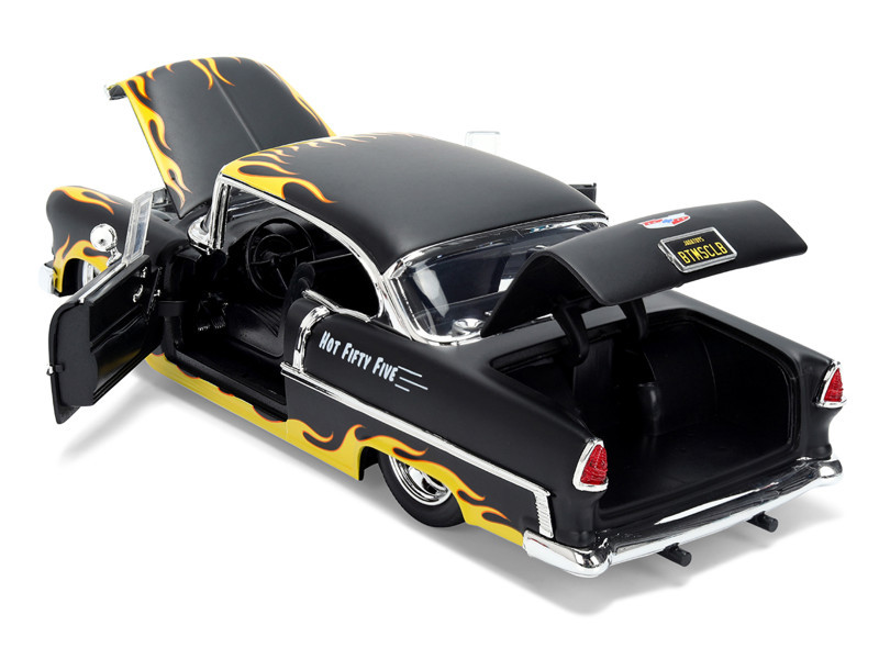 1955 Chevrolet Bel Air "BTM Social Club" Matt Black with Flames "Bigtime Muscle" Series 1/24 Diecast Model Car by Jada