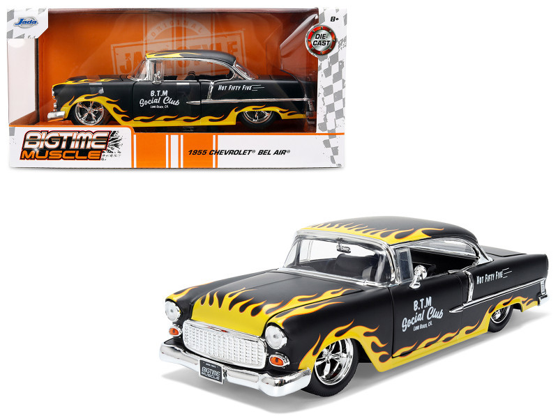 1955 Chevrolet Bel Air "BTM Social Club" Matt Black with Flames "Bigtime Muscle" Series 1/24 Diecast Model Car by Jada