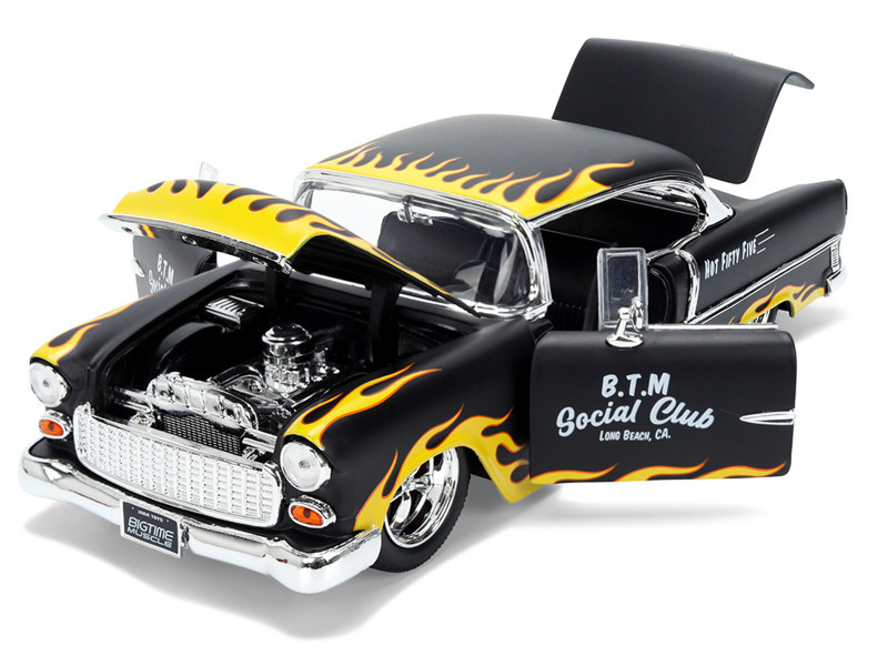 1955 Chevrolet Bel Air "BTM Social Club" Matt Black with Flames "Bigtime Muscle" Series 1/24 Diecast Model Car by Jada