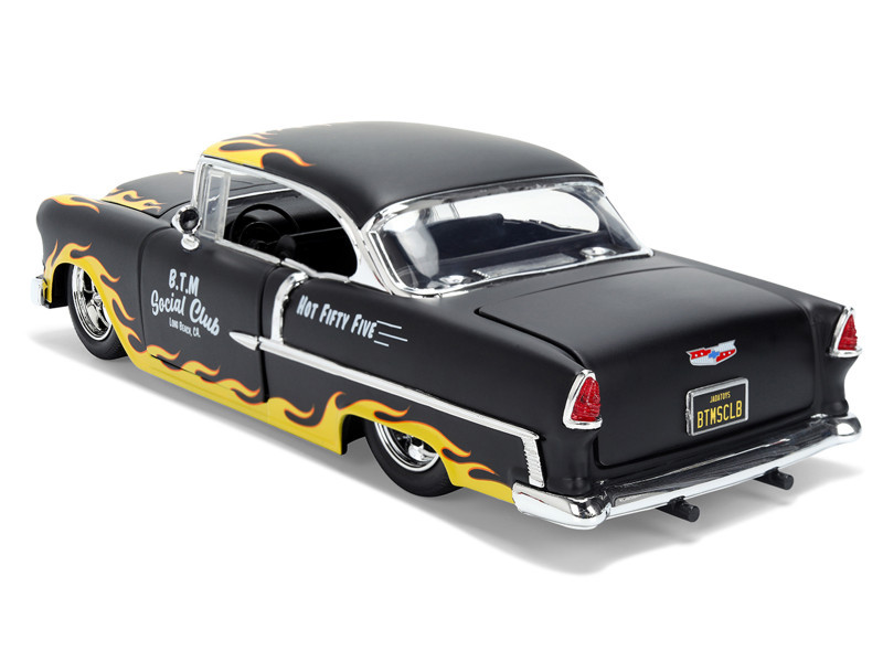 1955 Chevrolet Bel Air "BTM Social Club" Matt Black with Flames "Bigtime Muscle" Series 1/24 Diecast Model Car by Jada