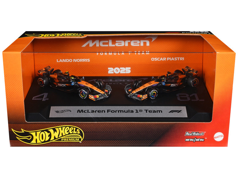 1/64 Hot Wheels 2-Car Set 2025 Formula 1 Racing Premium Team McLaren Oscar Piastri #81 & Lando Norris #4 Car Models