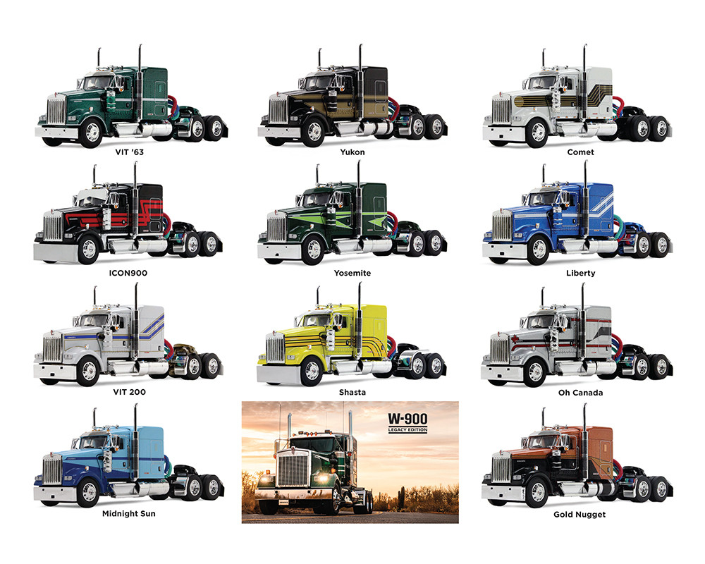1/64 First Gear Kenworth W900 Legacy Edition Set of 11 Kenworth W900L with 72” Aerocab Flat Top Sleeper Legacy Edition Tractors with Premium Packaging & Serialized Metal Plate
