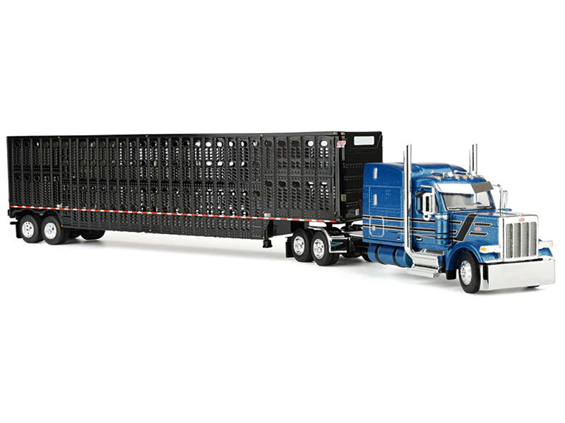 1/64 First Gear Peterbilt Model 589 (Blue & Black) with 72" Mid-Roof Sleeper & Wilson Silverstar Livestock Trailer Diecast Model