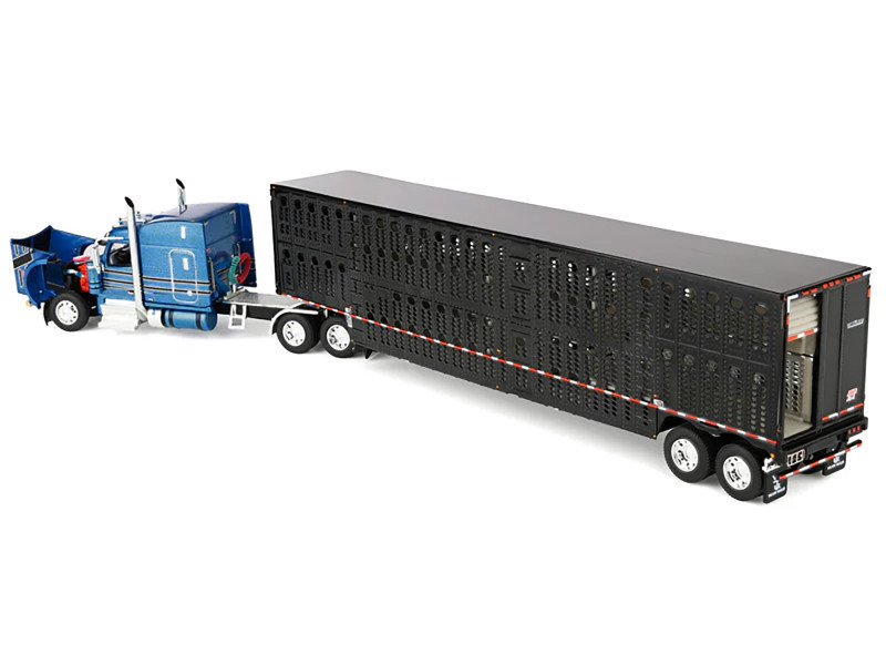 1/64 First Gear Peterbilt Model 589 (Blue & Black) with 72" Mid-Roof Sleeper & Wilson Silverstar Livestock Trailer Diecast Model