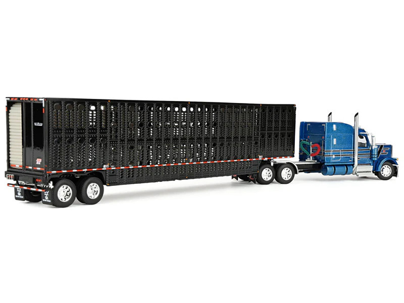 1/64 First Gear Peterbilt Model 589 (Blue & Black) with 72" Mid-Roof Sleeper & Wilson Silverstar Livestock Trailer Diecast Model