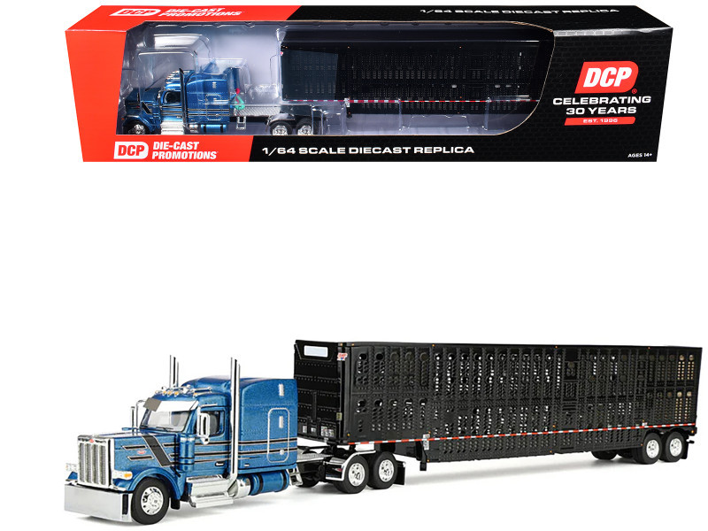 1/64 First Gear Peterbilt Model 589 (Blue & Black) with 72" Mid-Roof Sleeper & Wilson Silverstar Livestock Trailer Diecast Model
