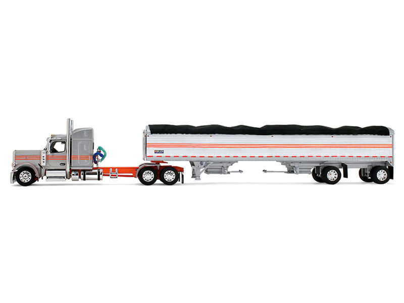 1/64 First Gear Peterbilt Model 589 (Silver & Orange) with 58" Mid-Roof Sleeper & 50' Wilson Pacesette Grain Trailer Diecast Model