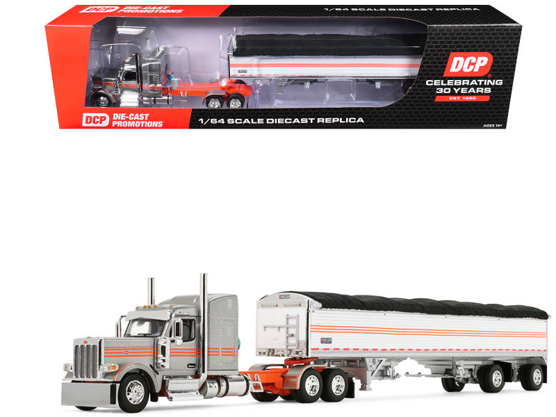 1/64 First Gear Peterbilt Model 589 (Silver & Orange) with 58" Mid-Roof Sleeper & 50' Wilson Pacesette Grain Trailer Diecast Model