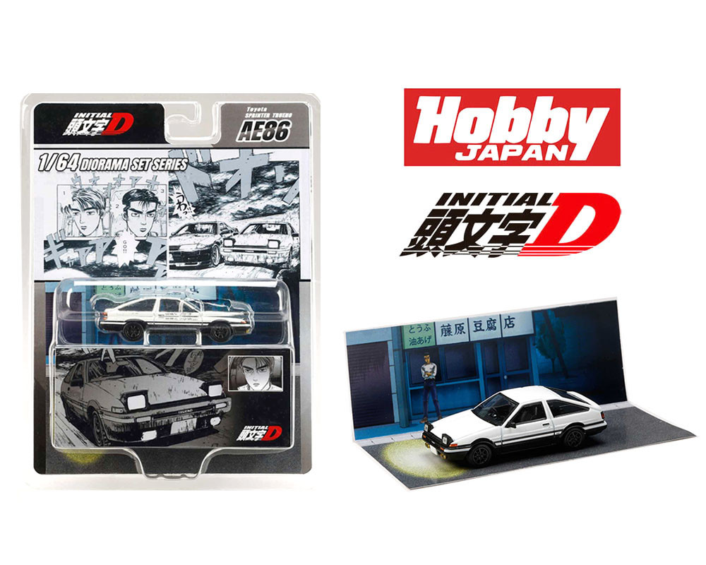 1/64 Hobby Japan Initial D Diorama Set Series Toyota Sprinter Trueno (AE86) Initial D Takumi Fujiwara Vs Takeshi Nakazato Diecast Car Model with Collector Card