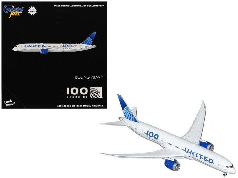 Boeing 787-9 Commercial Aircraft with Flaps Down "United Airlines 100 Years" (N61101) White with Graphics and Blue Tail 1/400 Diecast Model by GeminiJets