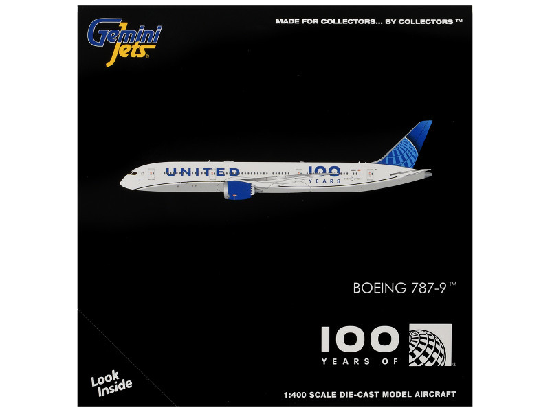 Boeing 787-9 Commercial Aircraft "United Airlines 100 Years" (N61101) White with Blue Tail 1/400 Diecast Model by GeminiJets
